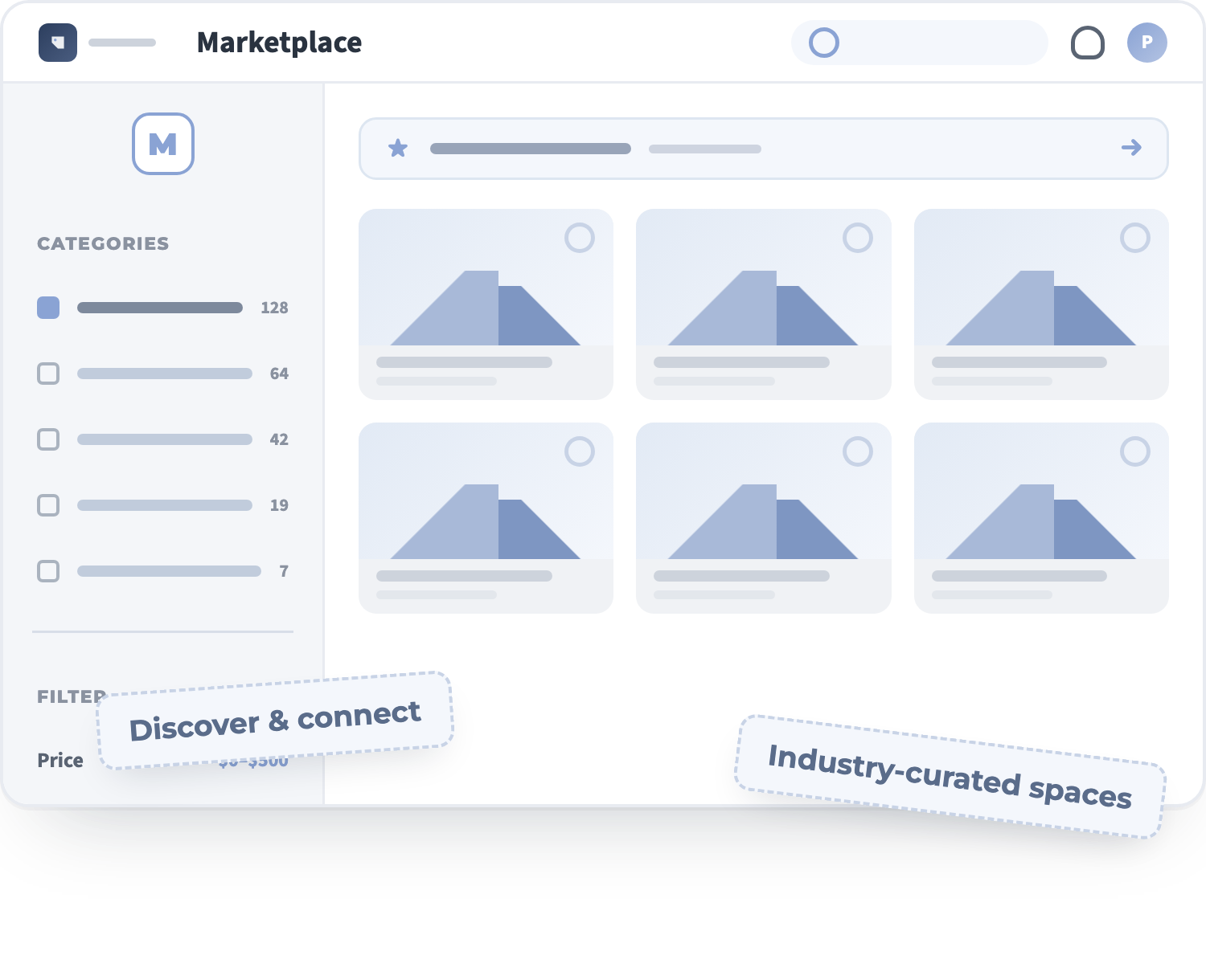 Marketplace section schema — categories and filter sidebar, asset tile grid, stickers: Discover & connect / Industry-curated spaces