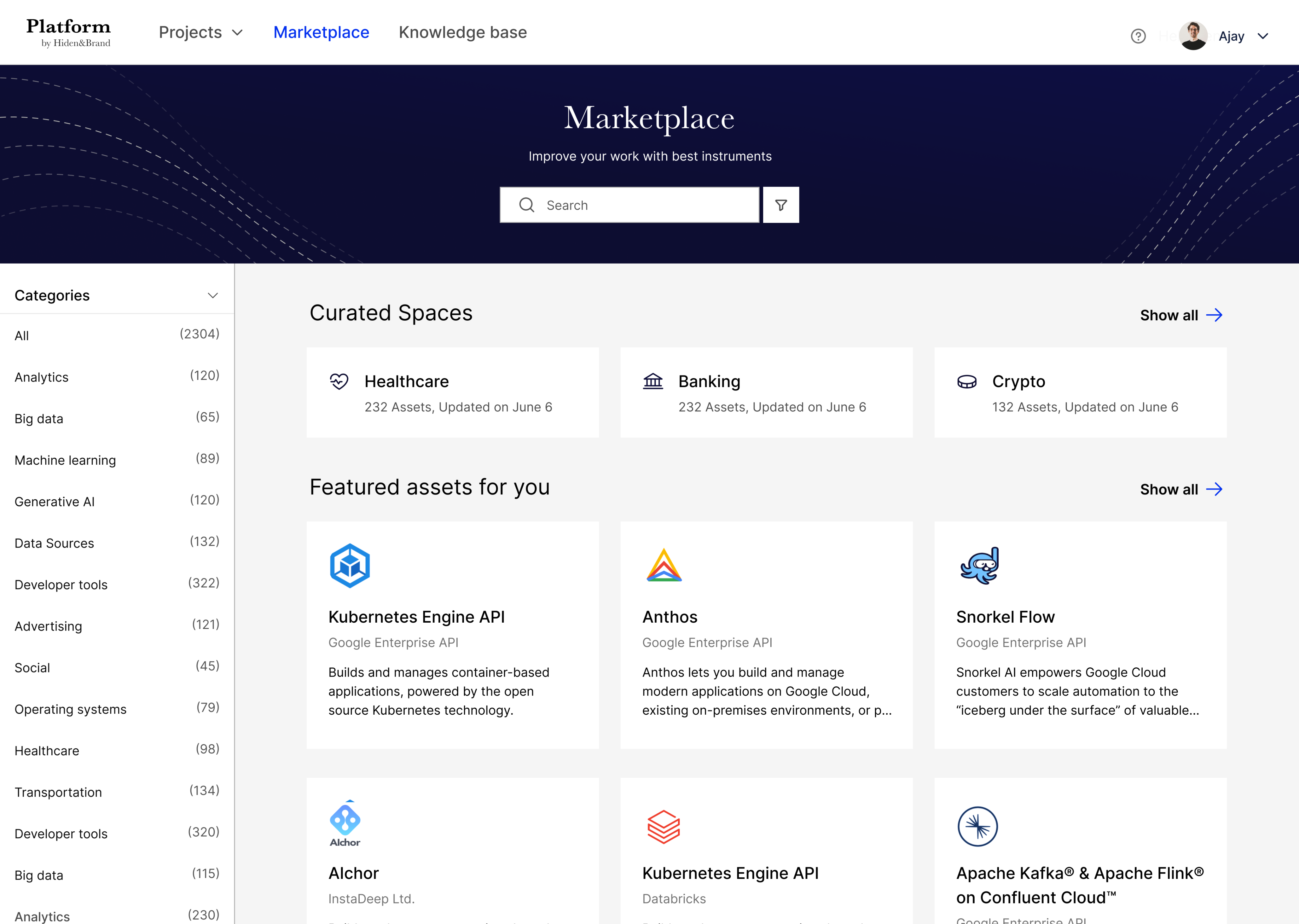 Marketplace — curated spaces and featured assets