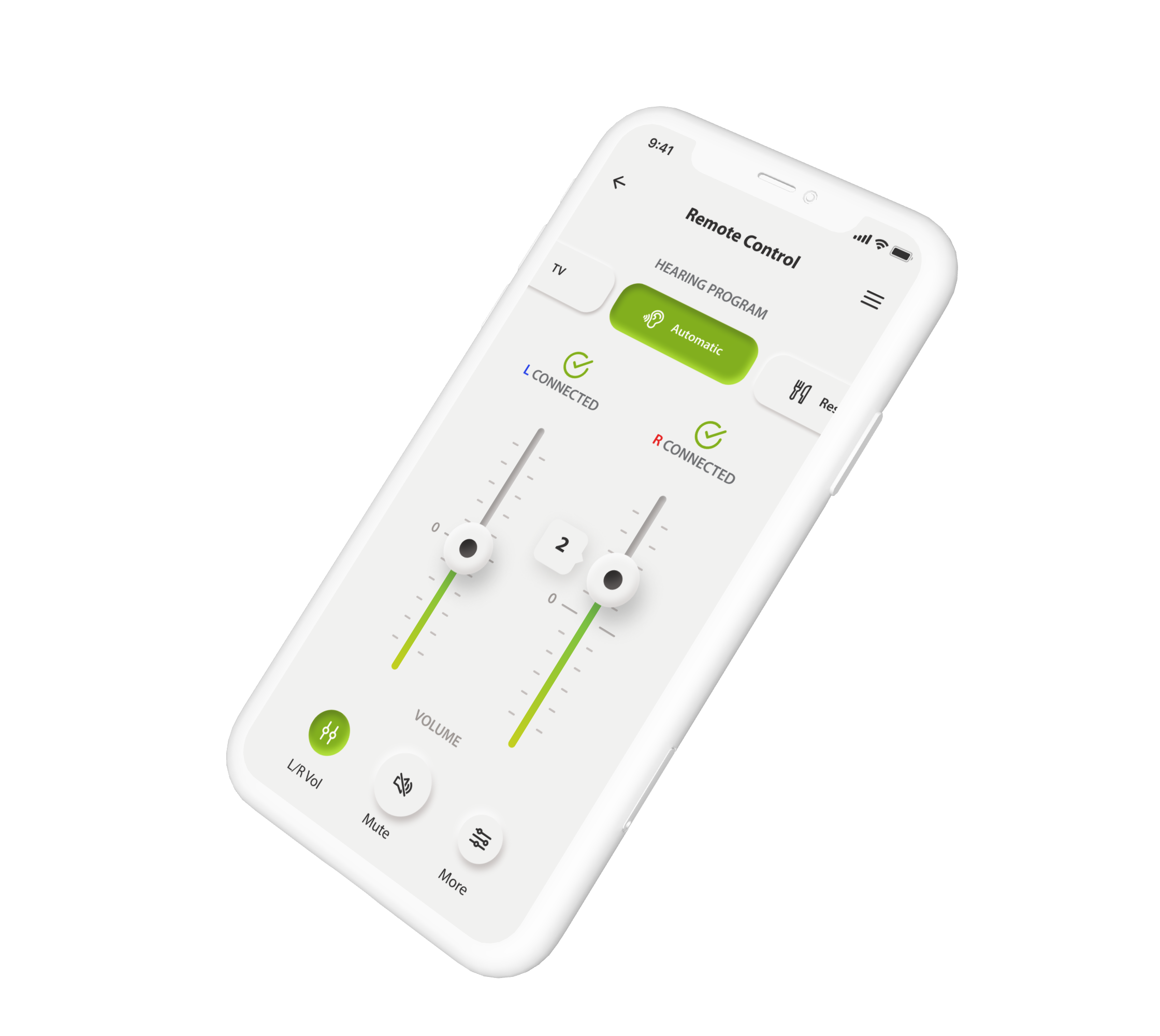 Hearing Care app on iPhone showing the Remote Control screen with volume sliders and connection status for left and right hearing aids