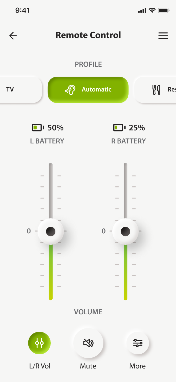 Remote control in the myAudioNova brand: volume, profile and both battery levels.
