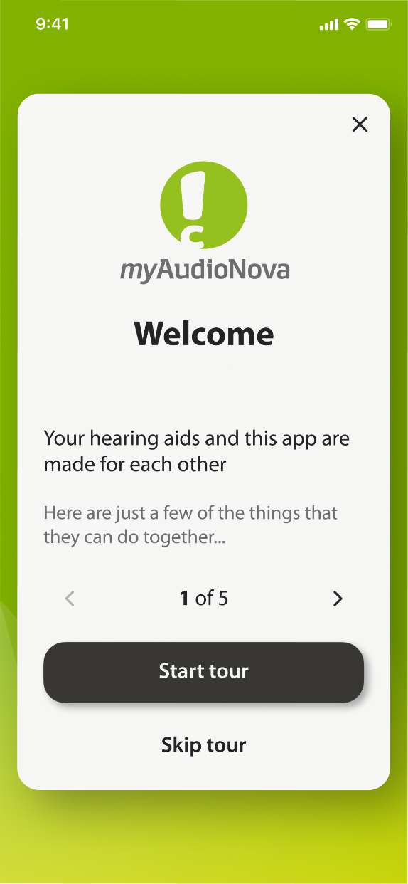 The entry screen in the myAudioNova brand: the wordmark on a green field, above a welcome card.