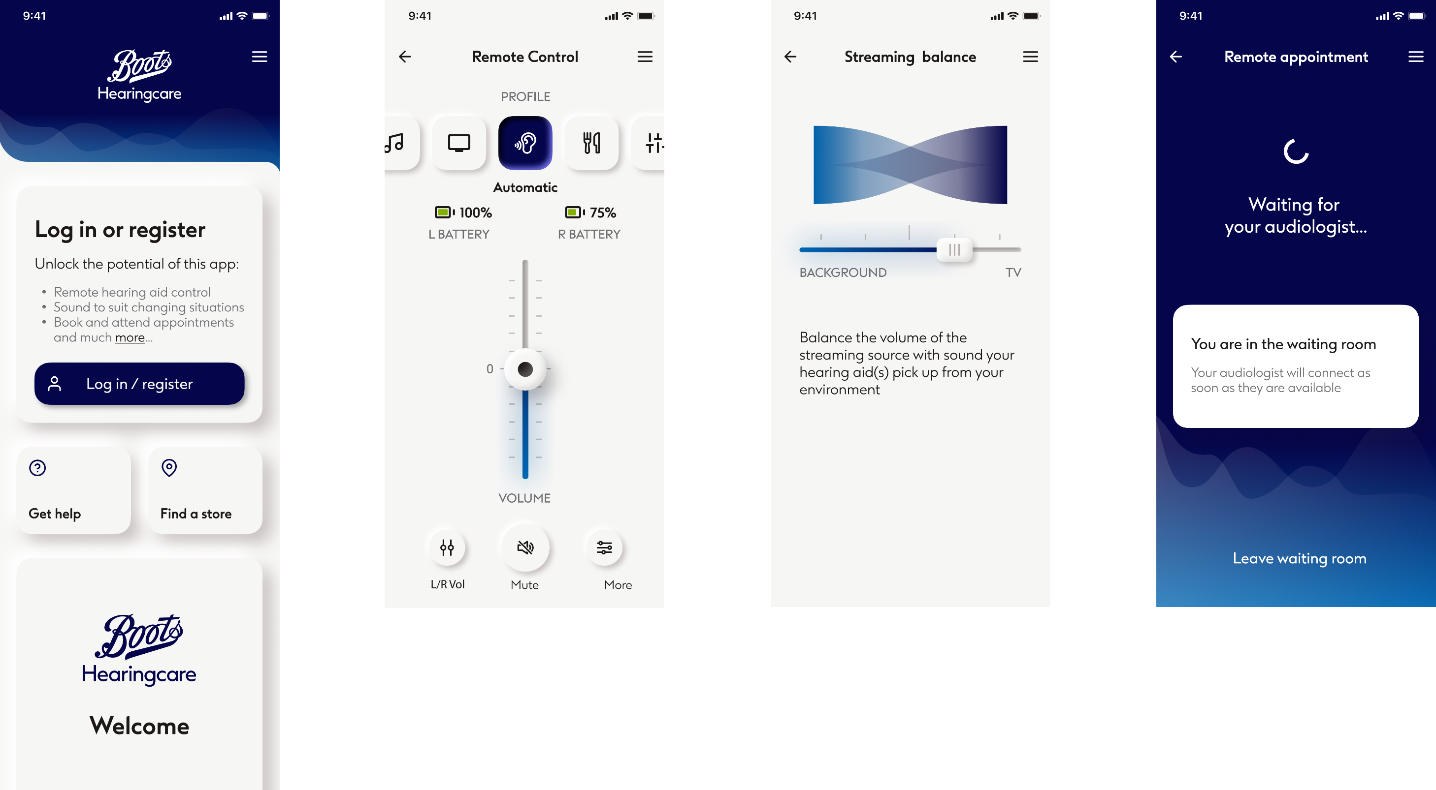 Alternative branding — Boots Hearingcare themed app screens