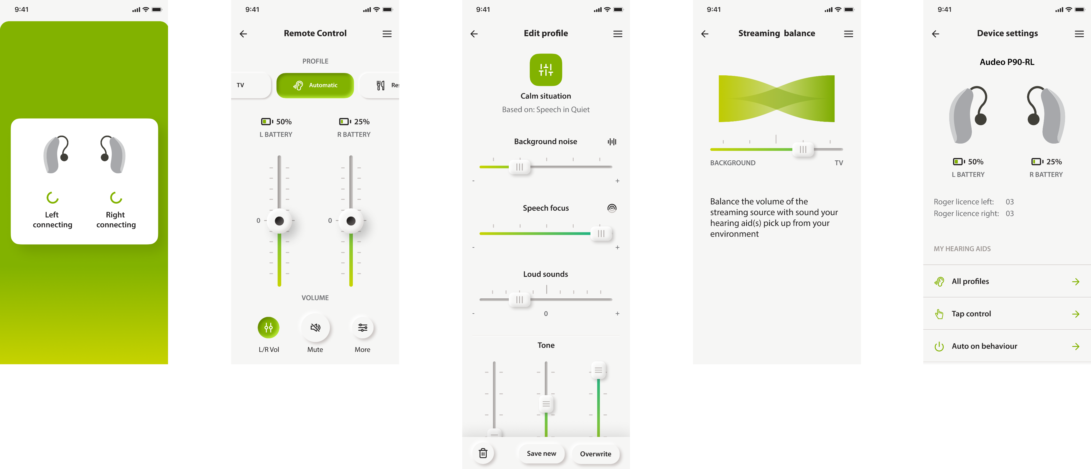 Hearing device control: connection status, Remote Control, Edit profile, Streaming balance, Device settings