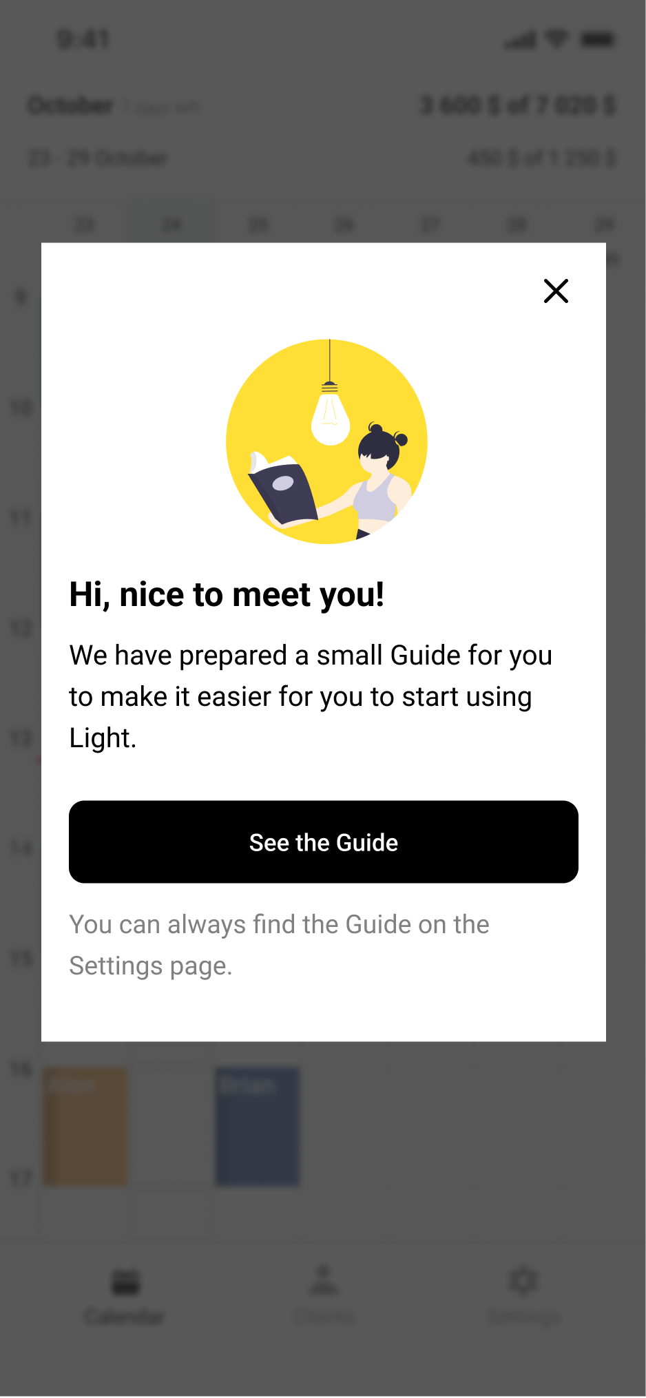In-app modal inviting the user to open the guide